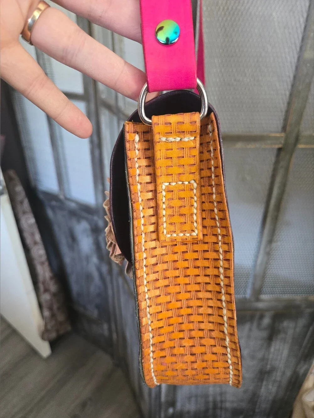 Handcrafted Floral Leather Crossbody Bag in Pink and Purple